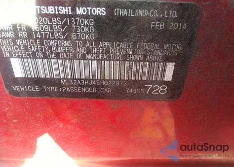 2014 Mitsubishi Mirage De z USA, uszkodzony, nr VIN ML32A3HJ4EH022972
